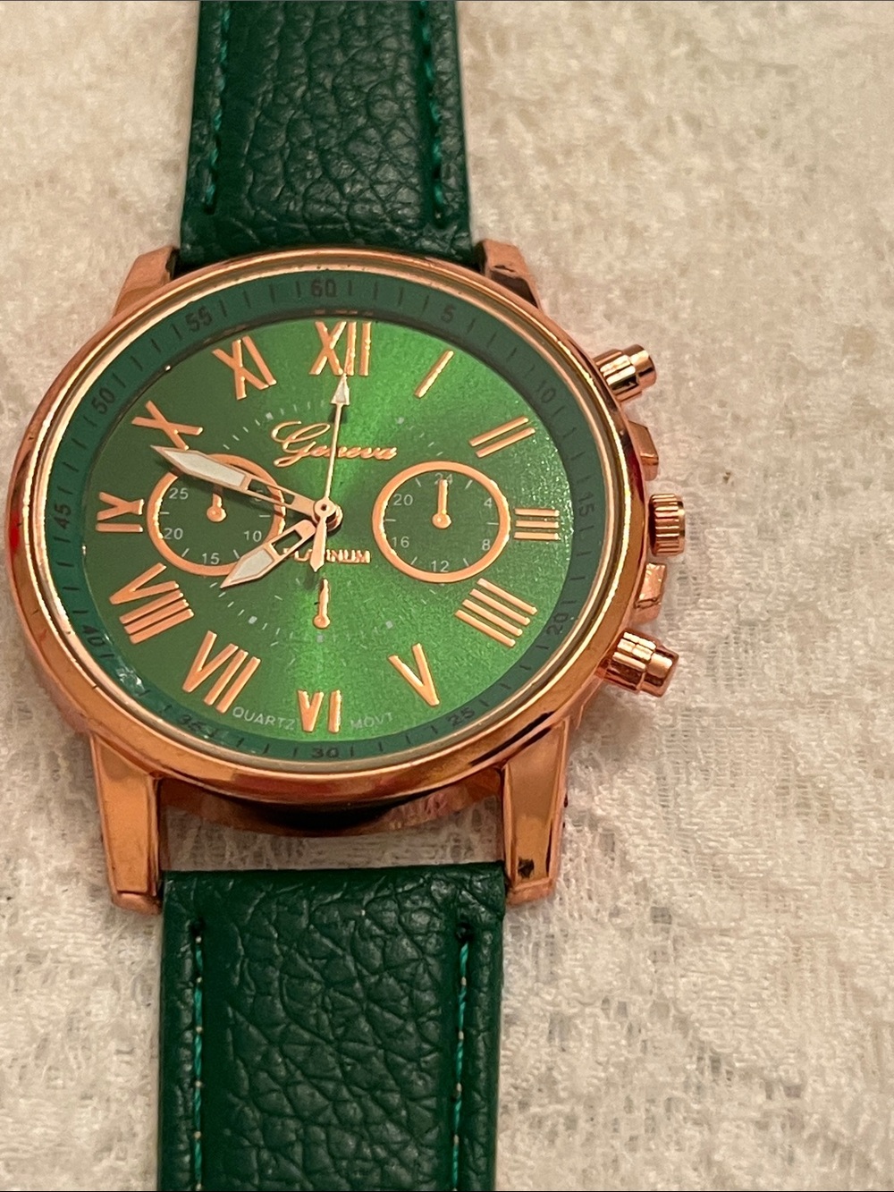 Geneva Rose Gold Case Green Dial Watch with Green Strap